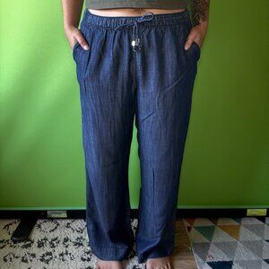 Soft baggy casual denim wide leg pants with string and elastic waistband, beachy